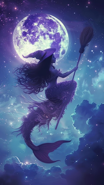 Mermaid on a broomstick flying in the sky stars all around bright moon slight cloudiness a small clo