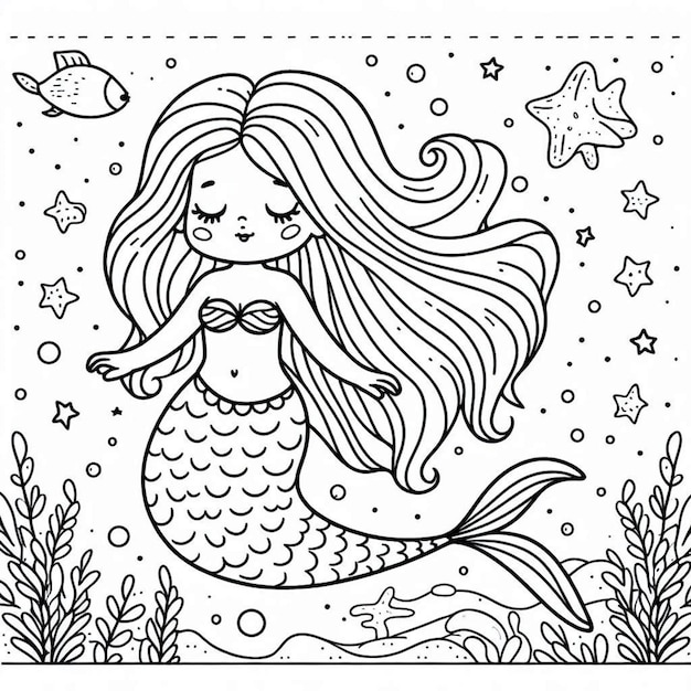 Mermaid coloring book photo ai generated