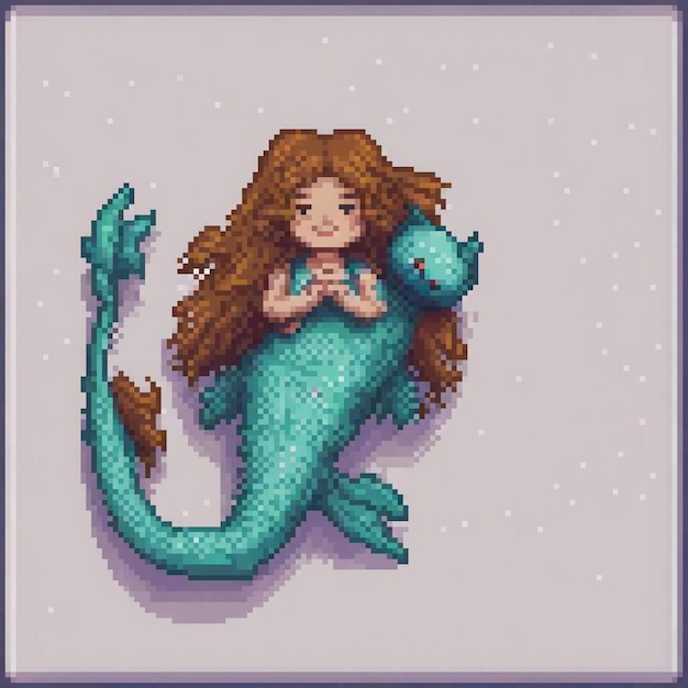 Mermaid duo in pixel art one with vibrant red hair perched on a blue mermaid