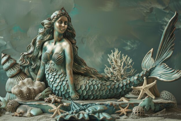 Photo mermaid figurine with seashells and starfish