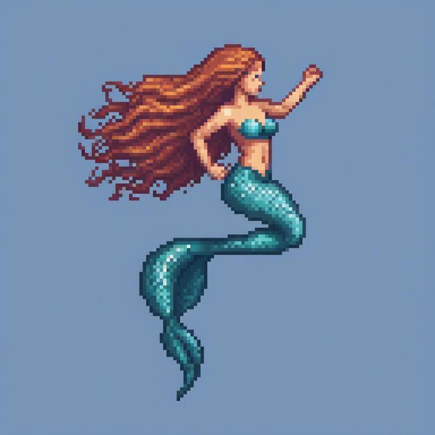 Photo mermaid in flight vibrant red hair pixel art style