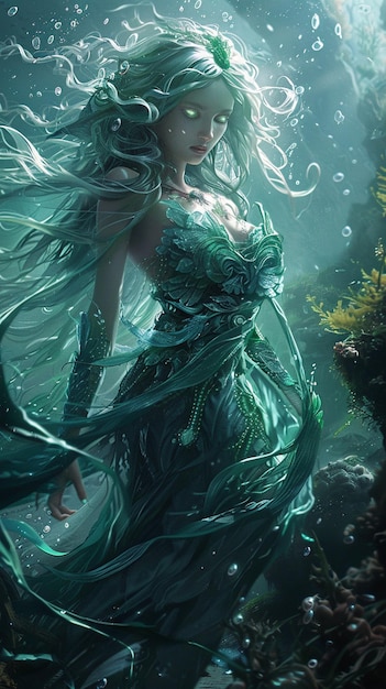 mermaid in a green dress with long hair and a fish tail generative ai