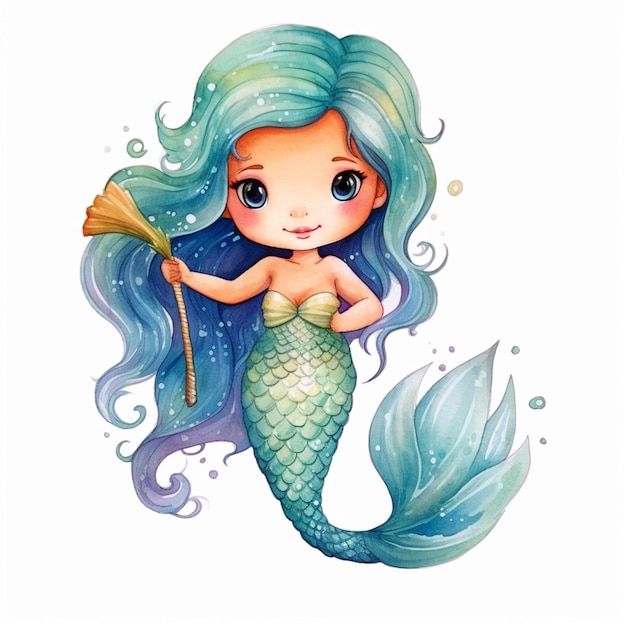 A mermaid is drawn in watercolor and is a little mermaid.