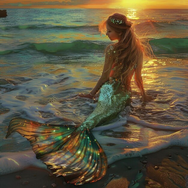 a mermaid is sitting on the beach with the sun setting behind her