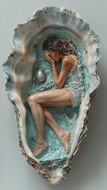 a mermaid is sitting in a shell with a woman sitting in it