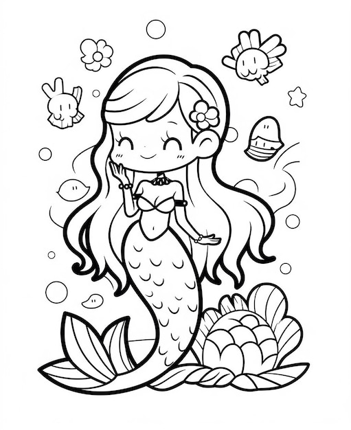 A mermaid is smiling and has a fish in her mouth.