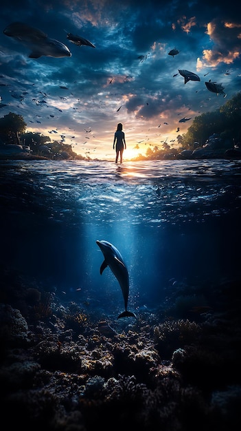 Photo a mermaid is standing in the water and the dolphin is swimming in the water