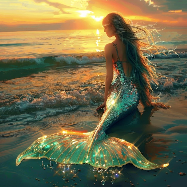 a mermaid is standing in the water with the sun setting behind her