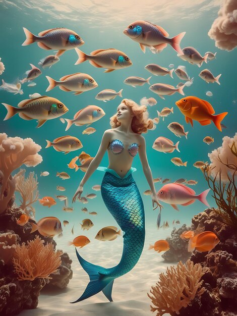 a mermaid is surrounded by a coral reef with a mermaid in the background