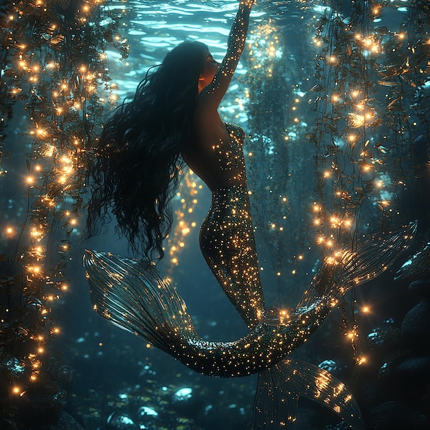 Photo a mermaid is surrounded by a coral with lights