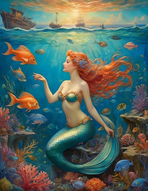 Photo a mermaid is surrounded by fish and a mermaid is surrounded by tropical fish