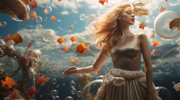 a mermaid is surrounded by goldfish and the fish is swimming in the water.