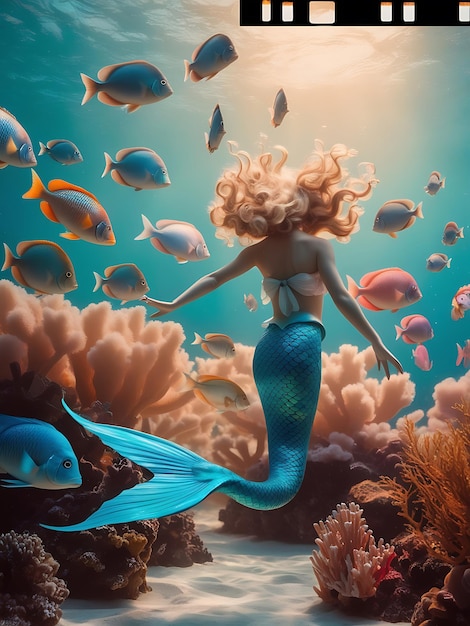 Photo a mermaid is swimming under a coral reef with a mermaid