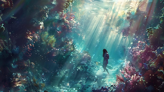 a mermaid is swimming under a coral reef with the words  the sea  on the bottom