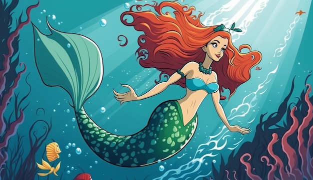 A mermaid is swimming under the sea.