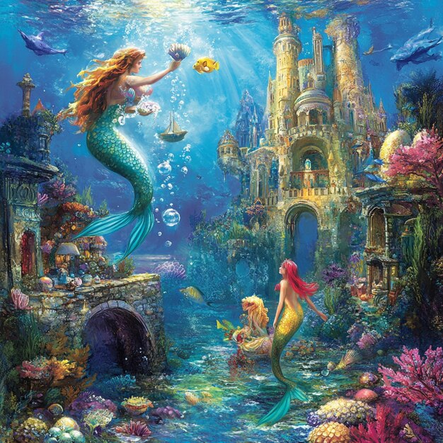 Photo mermaid kingdom with a vibrant underwater market mermaids trading pearls and shells