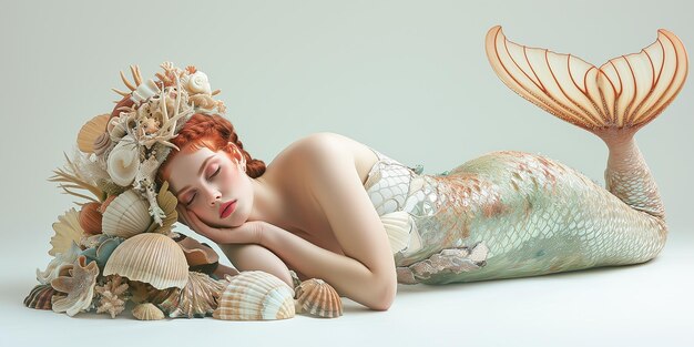 Photo mermaid laying on the ground with shells and a fish tail