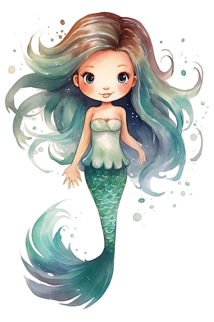 Mermaid princess watercolor clipart cute isolated on white background with Generative AI