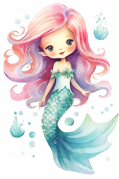 Mermaid princess watercolor clipart cute isolated on white background with Generative AI