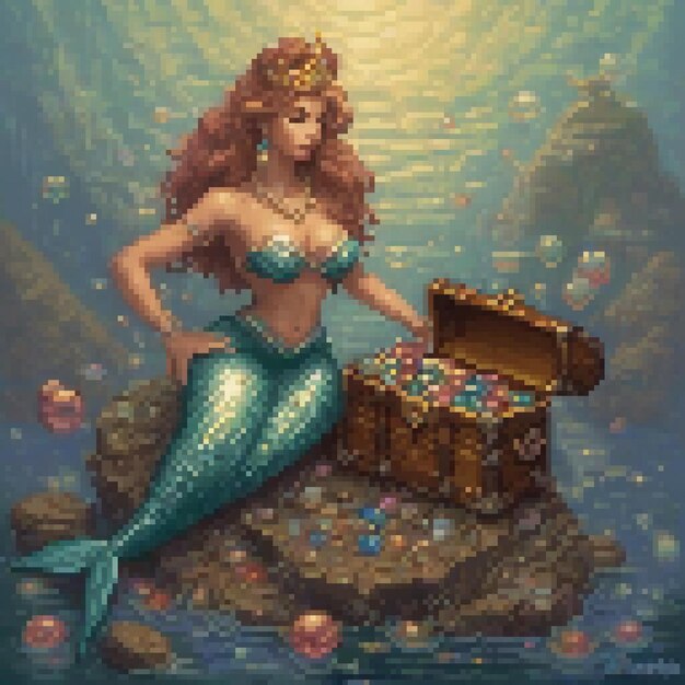 Photo mermaid on rock with treasure chest in pixel art