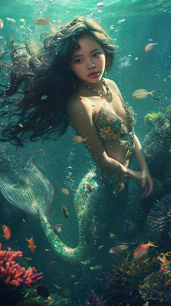 mermaid under the sea with a mermaid and fish