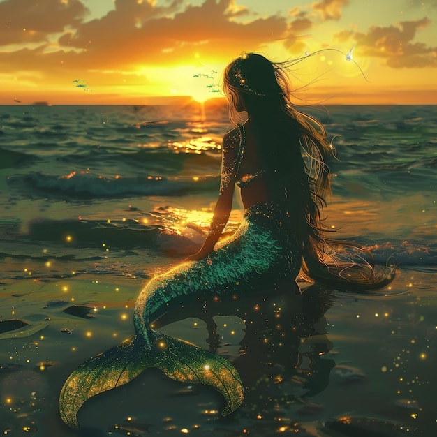 a mermaid sits on the beach with the sun behind her