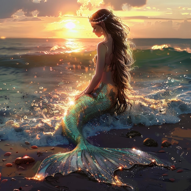 a mermaid sits on the beach with the sun setting behind her