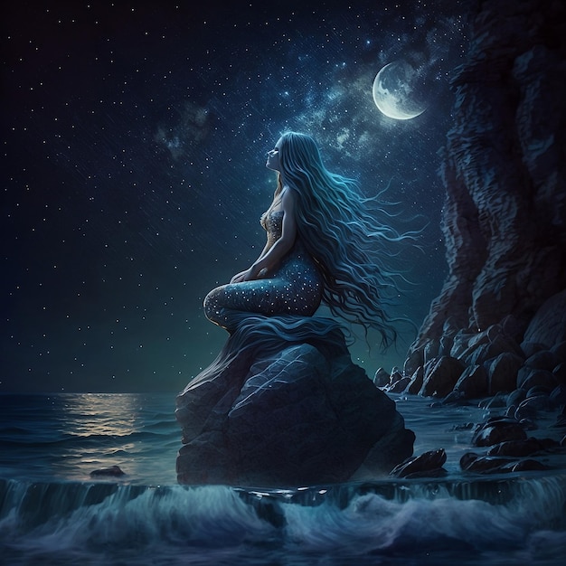 A mermaid sits on a rock with the moon in the background.