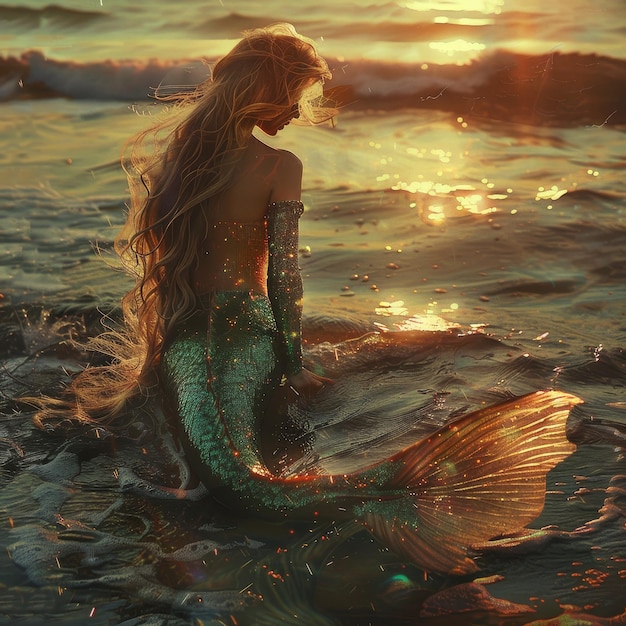 Photo a mermaid sits in the water with the sun behind her