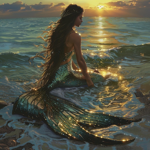 a mermaid sits in the water with the sun setting behind her