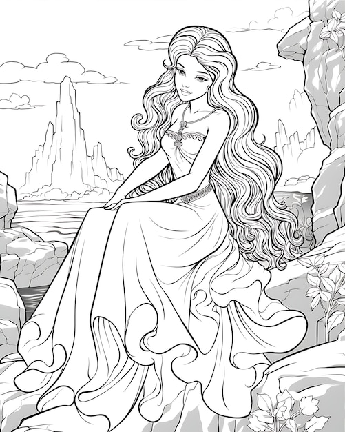 Mermaid Sitting on Rock Coloring Pages