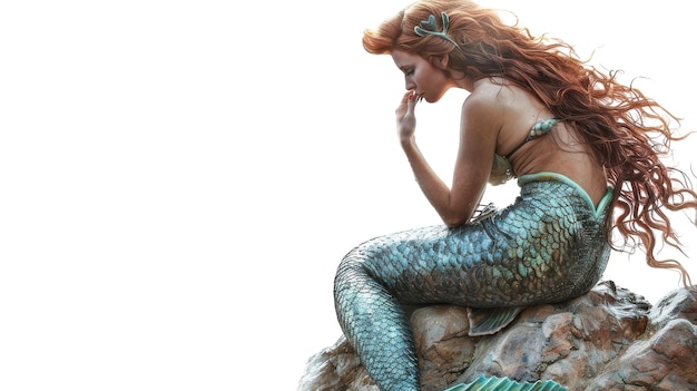 Mermaid Sitting on a Rock Combing Her Hair on transparent background