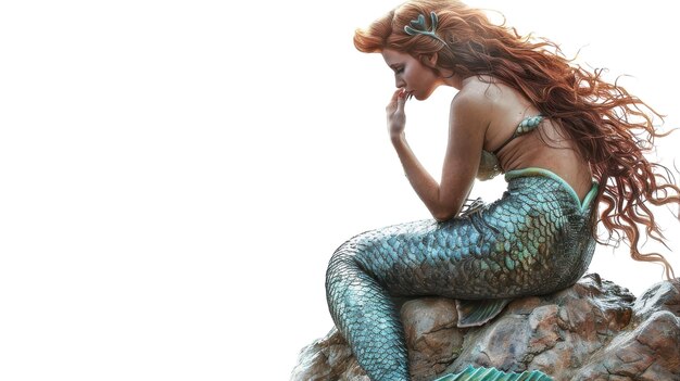 Photo mermaid sitting on a rock combing her hair on transparent background