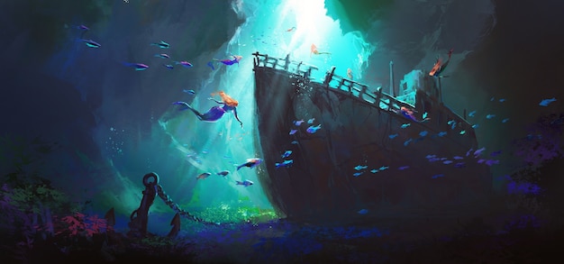 Mermaid surrounds the sunken ship at the bottom of the sea illustration.