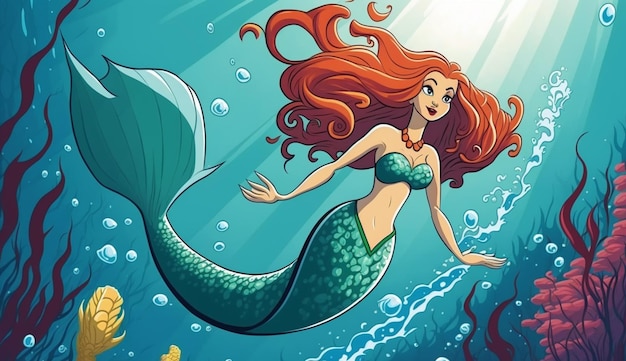 A mermaid swimming in the sea with a fish in the bottom.