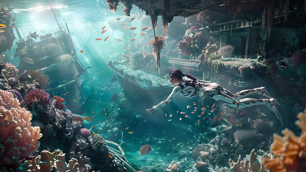 Photo a mermaid swims under a ship in a tank with a diver in the water