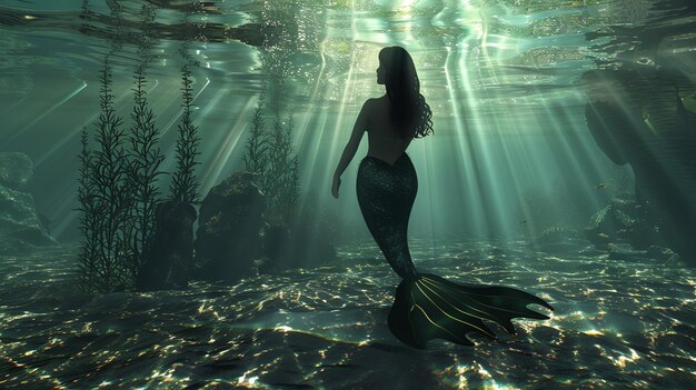 A mermaid swims through an underwater cavern with sunbeams shining through the water