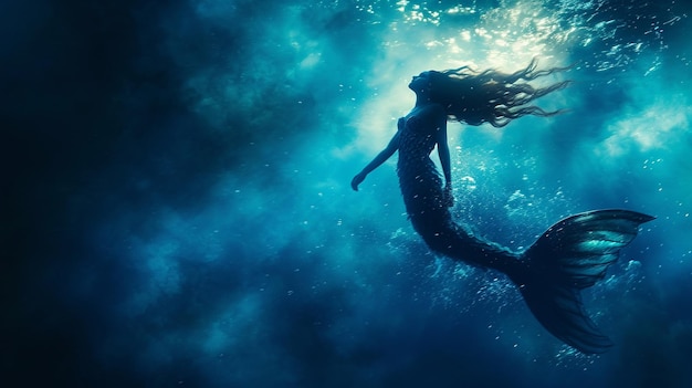 a mermaid swims under the water with the light shining on her face