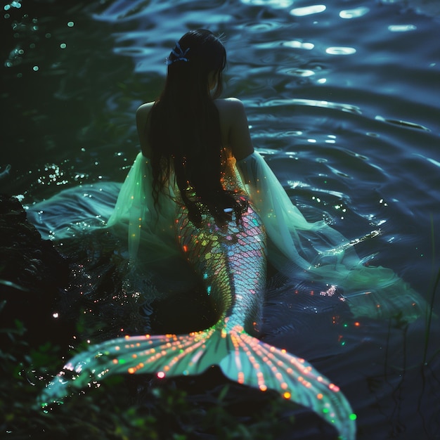 A mermaid with bioluminescent scales glowing ethereal surreal vibrant mesmerizing