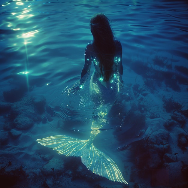 A mermaid with bioluminescent scales glowing ethereal surreal vibrant mesmerizing