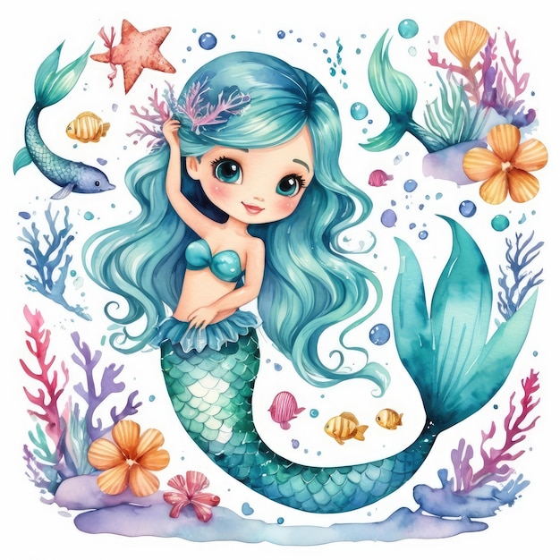 a mermaid with blue hair is surrounded by sea shells