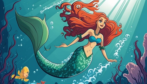 A mermaid with a blue tail swimming in the ocean.