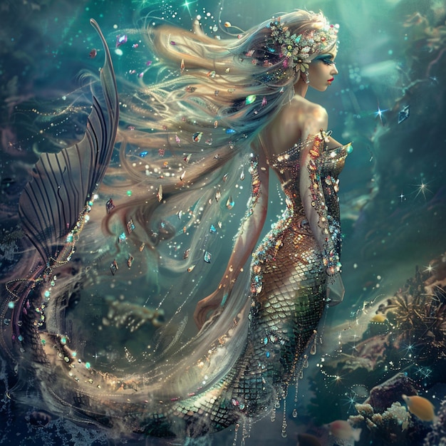 mermaid with long hair and flowing dress in the ocean generative ai