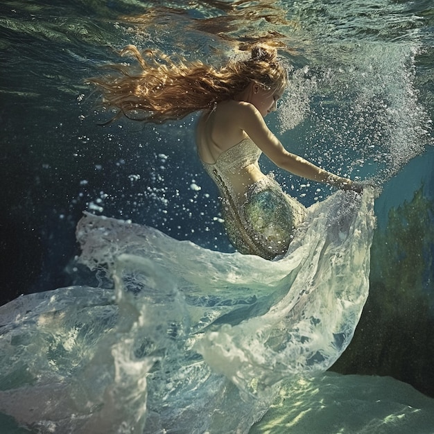 Photo a mermaid with long hair is floating in the water with the sun shining behind her