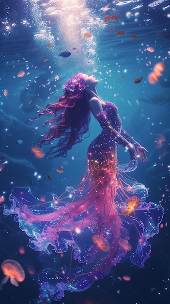 a mermaid with long hair is floating in the water