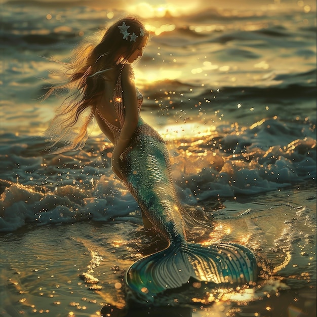 Photo a mermaid with long hair is standing in the water with the sun shining on her back