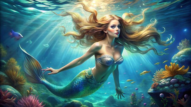 Photo a mermaid with long hair is swimming under a mermaid