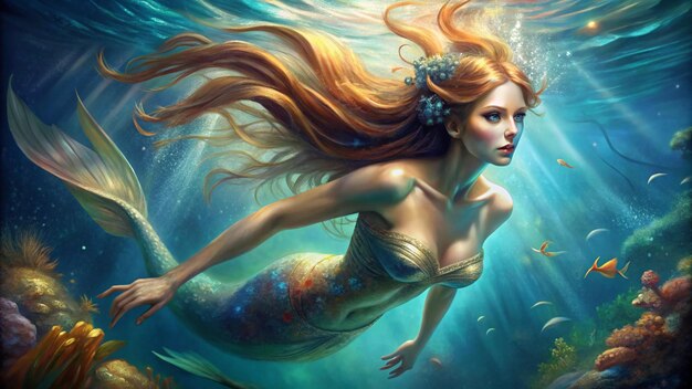 Photo a mermaid with long hair is swimming under water with a mermaid