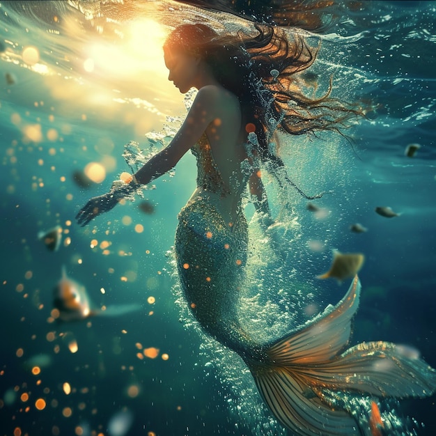 a mermaid with long hair is swimming in the water