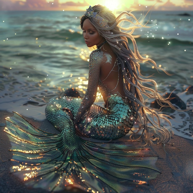 Photo a mermaid with long hair sits on the beach with the sun behind her